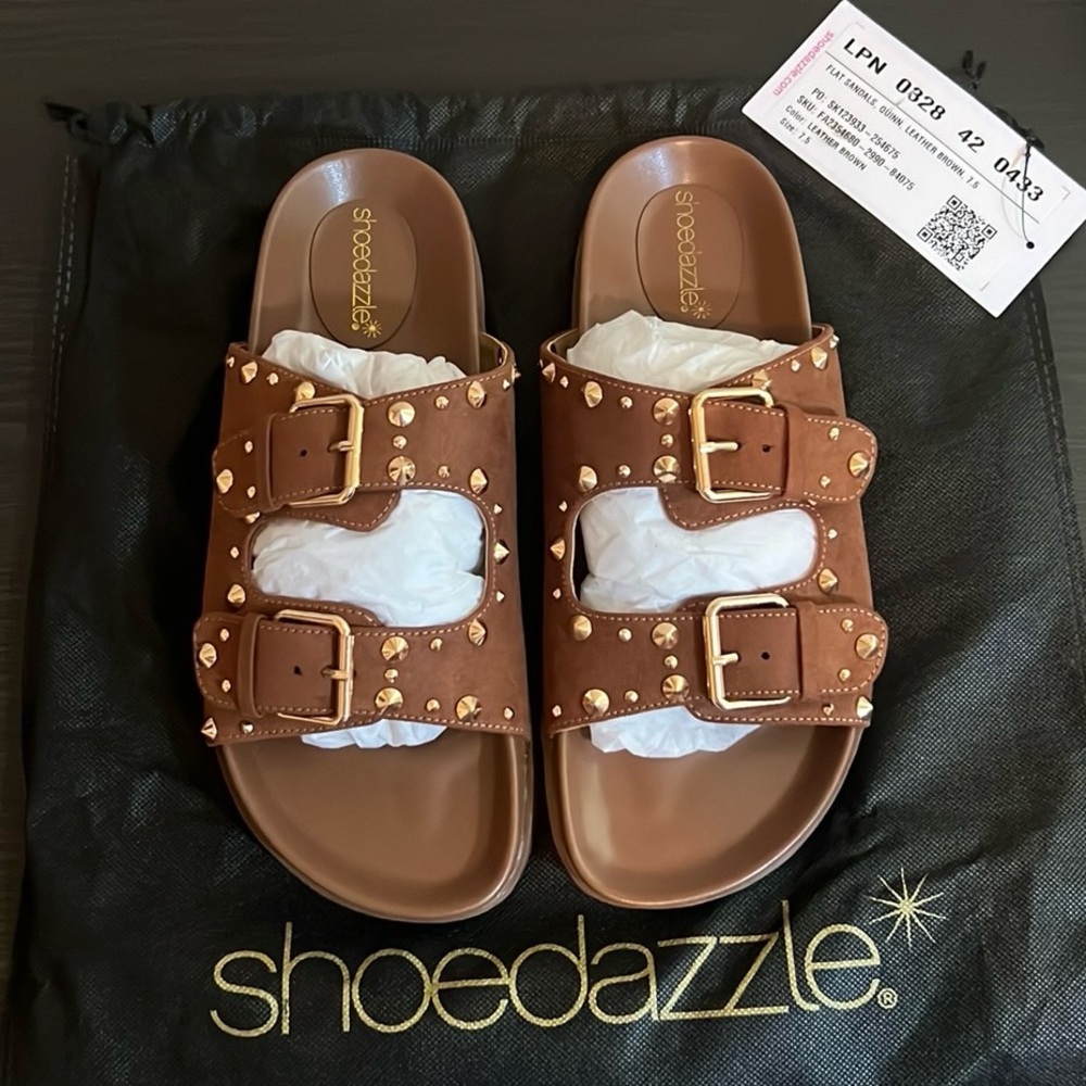 Brown and Gold Studded Sandals 7.5 NEW - Picture 2 of 12